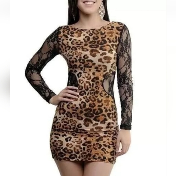 Women's See Through Animal Print Long Sleeves Sexy Bodycon Dress - Picture 1 of 10